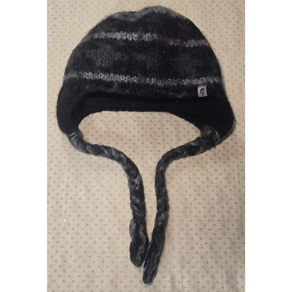 The North Face Earflap Beanie Hat Fleece Braided Tassel Black Gray Unisex